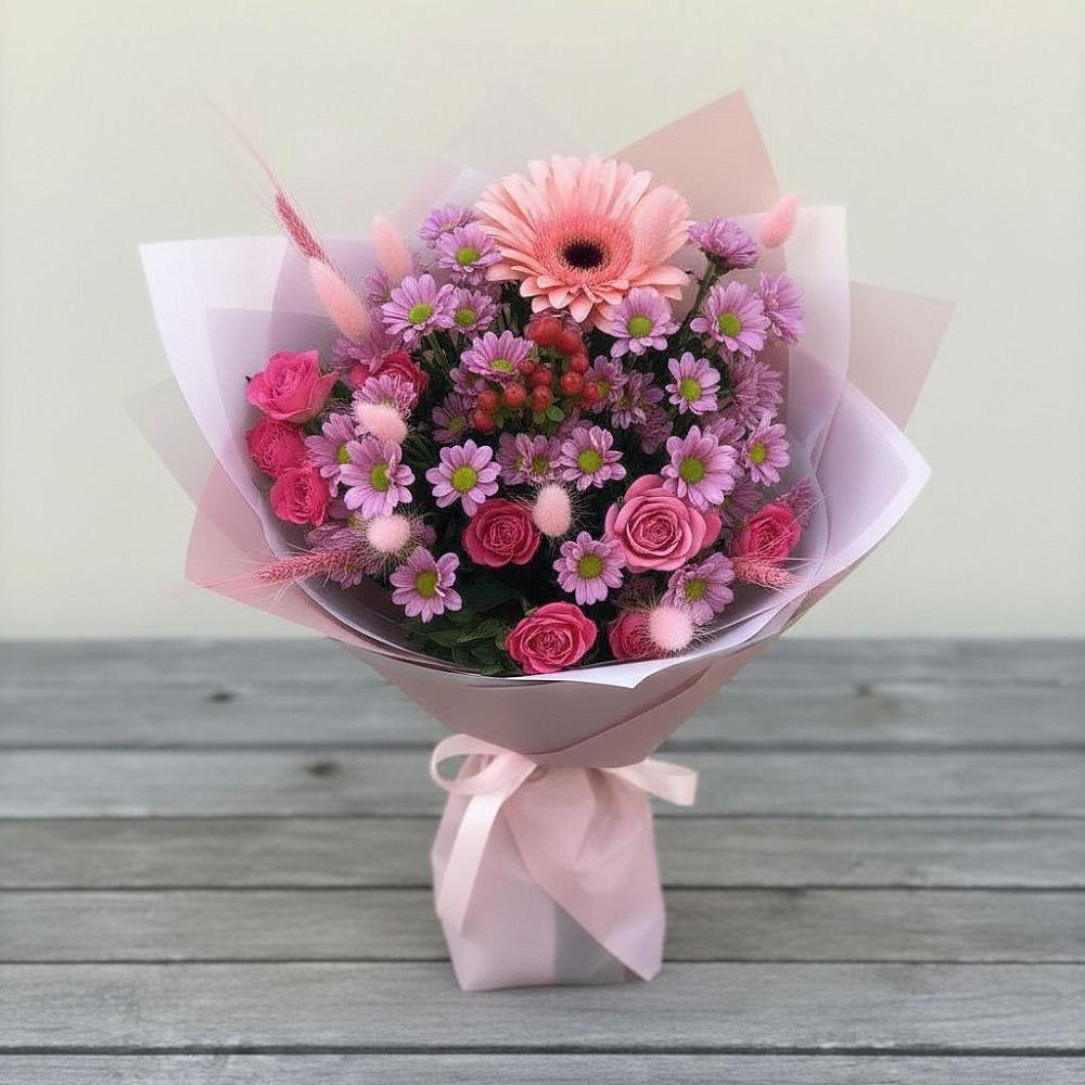 Букет цветов из: Розы, Герберы и Хризантемы в Ильинка Тульская область